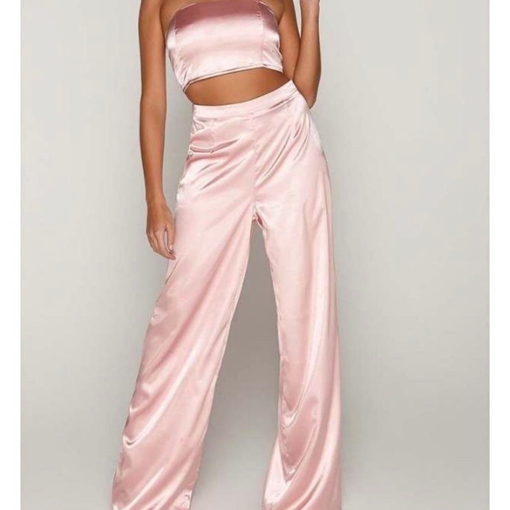 Blush Satin Crop Top & Wide Leg Trouser Set